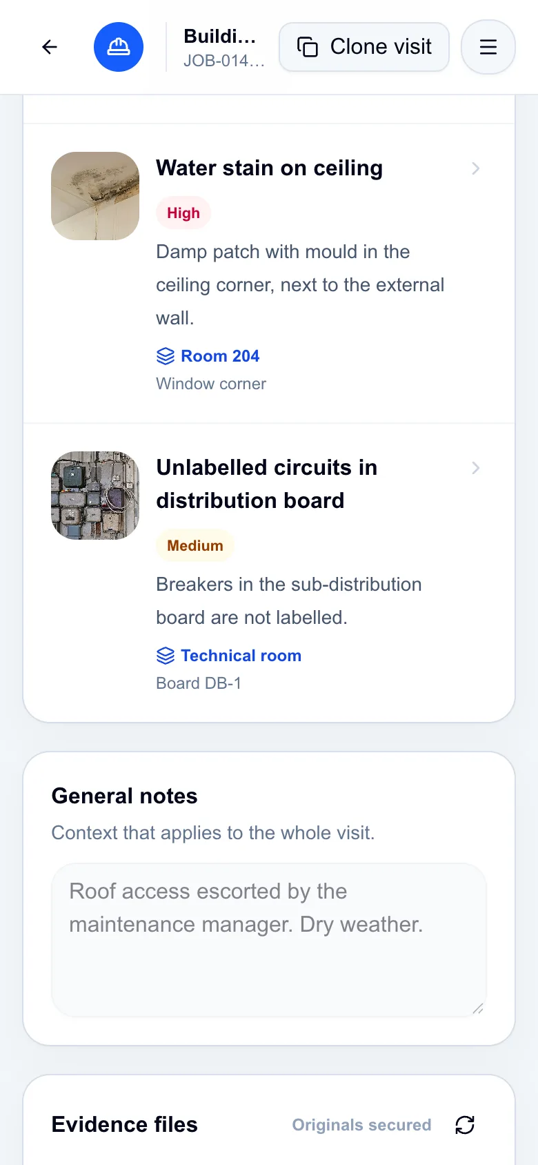 Mobile FieldProof observation showing a description and evidence photo