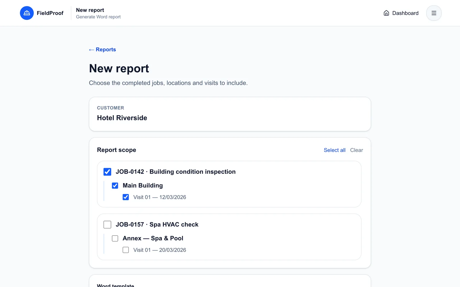 FieldProof Word report scope selection with sample inspection visits
