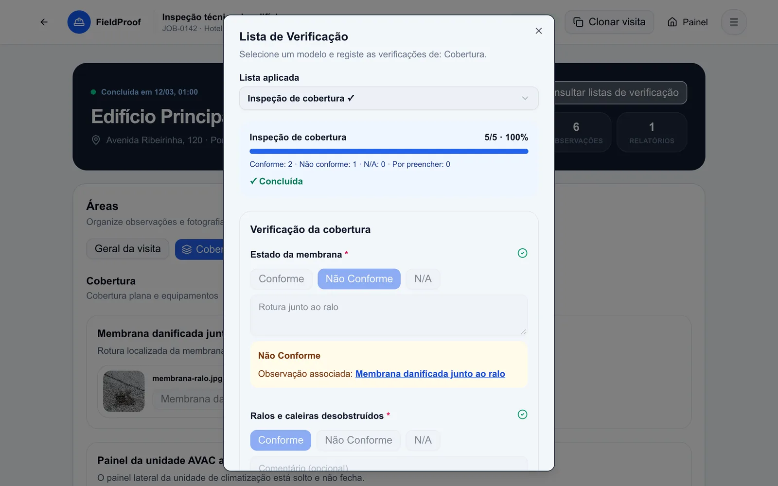 Lista de verificação da cobertura preenchida na visita de demonstração