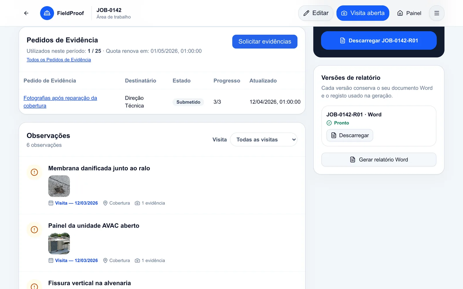 Lista de Evidence Requests com pedido fictício de fotografias após reparação