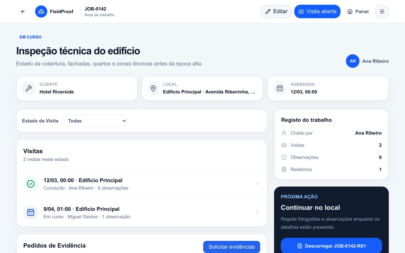 Trabalho FieldProof com visitas sucessivas e observações da obra de demonstração