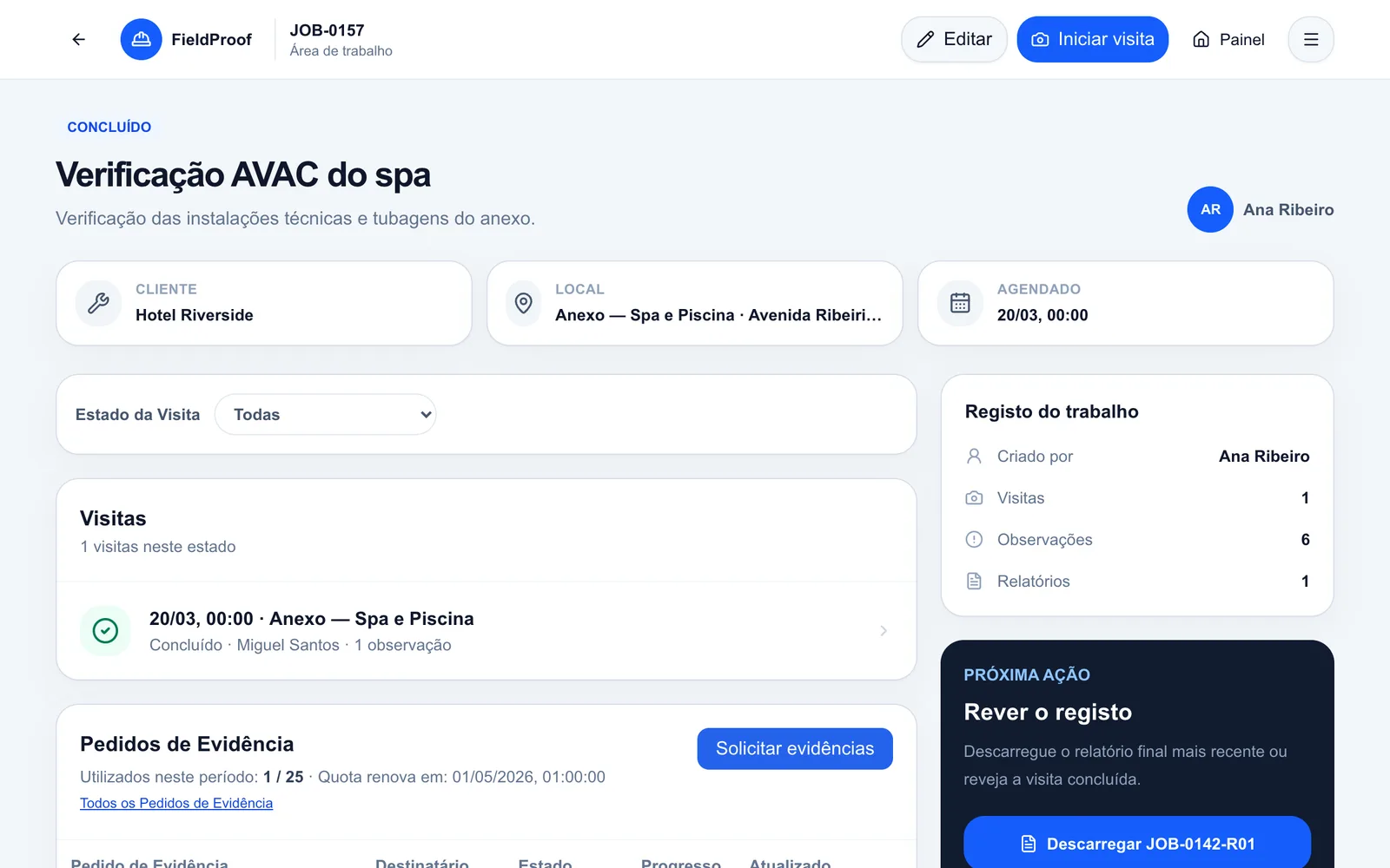 Histórico de visitas e observações de um trabalho de manutenção no FieldProof