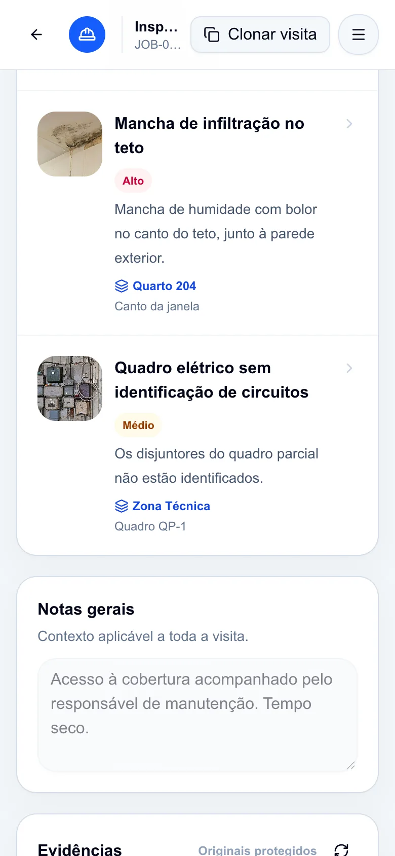 Observação de infiltração com fotografia e recomendação no FieldProof em ecrã móvel