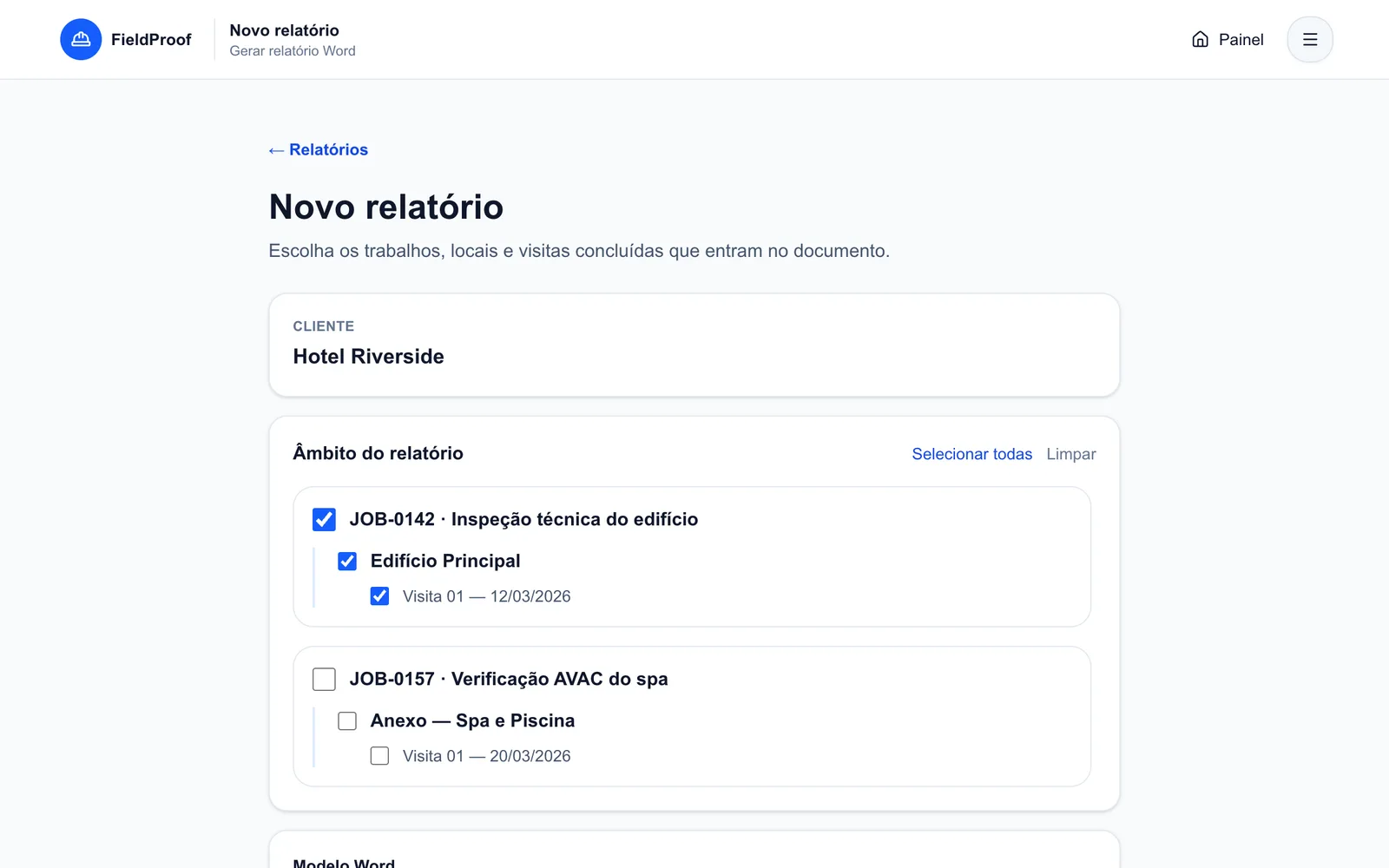 Seleção do âmbito de um relatório Word com visitas de demonstração no FieldProof
