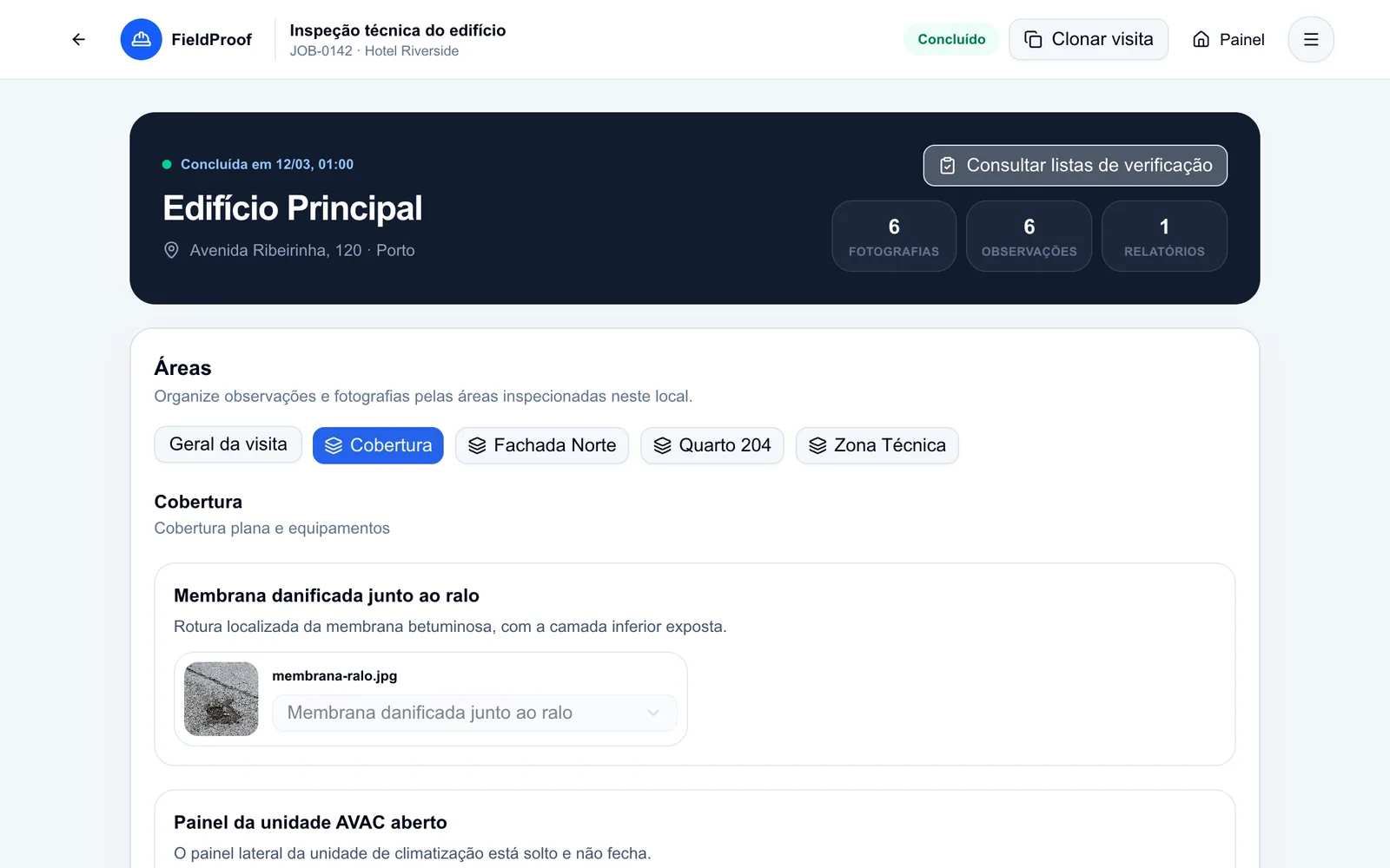 Visita de inspeção no FieldProof com áreas, observações e evidências do Hotel Riverside fictício